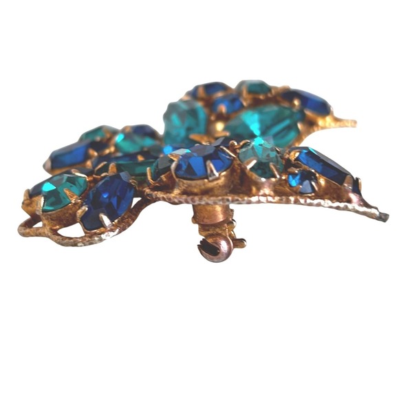 Vintage Regency Butterfly Brooch Signed Rhinestone Blue Green Gold Tone MCM Read - Picture 4 of 11